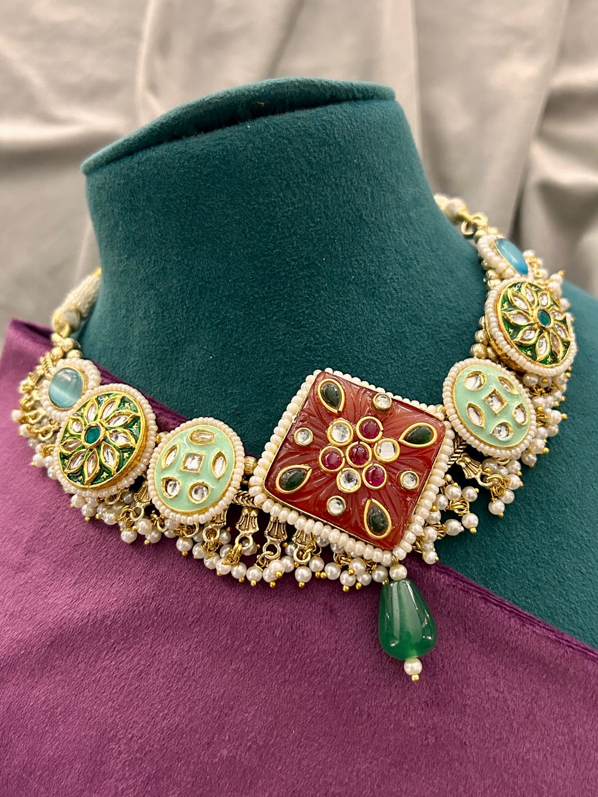 Green & Red Kundan Square Motif Choker Necklace Set with Pearl Detailing